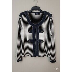 FDJ Women's Striped Stretch Cardigan with Denim & Gold Buttons – Size Removed, L